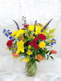 yellow lily red rose orange tulip bouquet